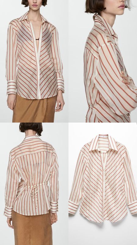 Semitransparent striped shirt. 
Cotton and lyocell blend fabric. Straight design. Shirt-style collar. Long sleeve with buttoned cuffs.. Decorative bow on the back, £40. Wardrobe staple. Timeless. Gift guide idea for her. Luxury, elegant, clean aesthetic, chic look, feminine fashion, trendy look, baby shower, special event, brunch. Mango outfit idea. 

#LTKSeasonal #LTKparties #LTKfindsunder50