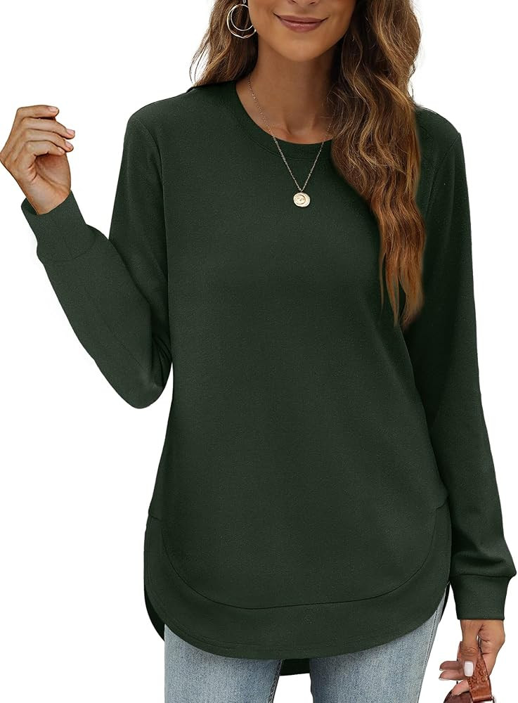OFEEFAN Womens Sweatshirt Crewneck Long Sleeve Shirts for Women High Low Tops Curved Hem | Amazon (US)