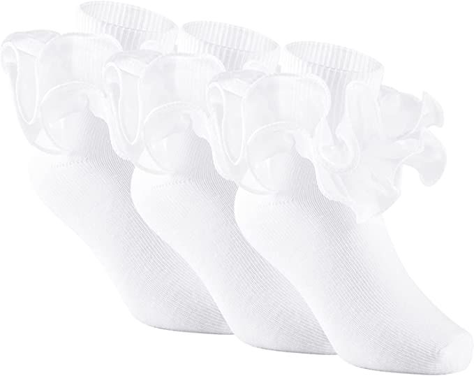 Amazon.com: 3 Pairs Girls Ruffle Socks Big Double Lace Frilly Trim Dress Socks (White, Small, 2_y... | Amazon (US)