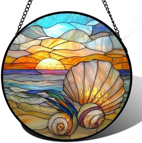 Stained Glass Window Hanging - Colorful Beach Shells Conch Sun Catcher for Door Home Decor Ocean ... | Amazon (US)