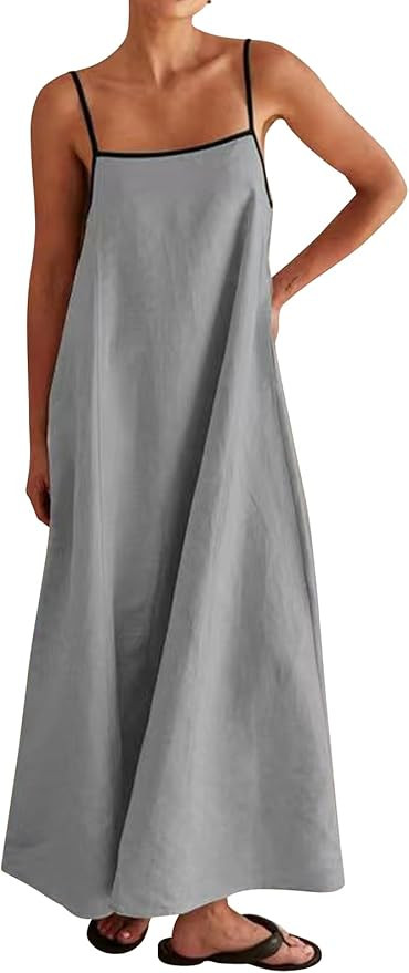 Lisskolo Women Spaghetti Strap Maxi Dress Solid Color Linen Sleeveless A Line Contrast Swing Beac... | Amazon (US)