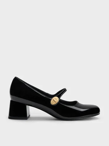 Black Hettie Patent Metallic-Buckle Block-Heel Mary Janes | CHARLES & KEITH UK | Charles & Keith UK
