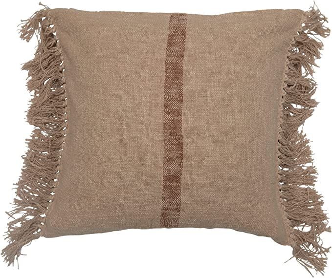 Creative Co-Op 20" Square Cotton Slub Brown Stripe & Fringe Pillow, Natural | Amazon (US)