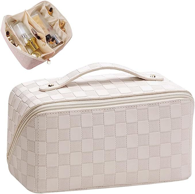 Large Capacity Travel Cosmetic Bag Flat Everything Cosmetic Bag Checkered Big Makeup Bag for Wome... | Amazon (US)