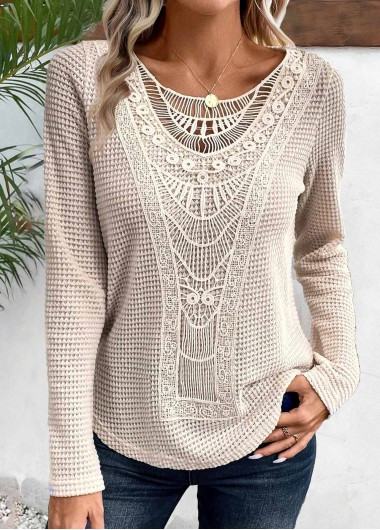MODLILY® Beige Lace Long Sleeve Round Neck T Shirt | modlily.com