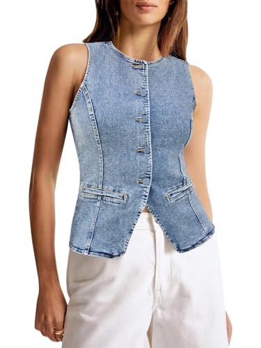 Tankaneo Womens Button Down Denim Vest Tops Sleeveless Fitted Jean Tank Tops Summer Trendy Casual Waistcoat | Amazon (US)