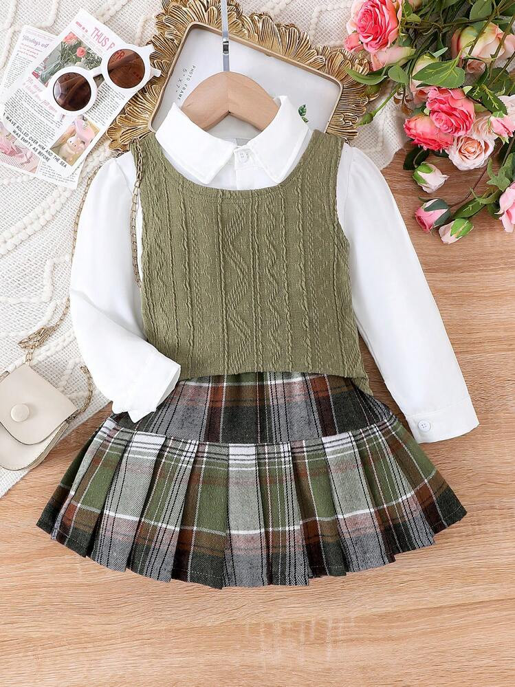 3pcs Girls Elegant School Style Long Sleeve Shirt + Vest + Skirt Set, Autumn/Winter | SHEIN