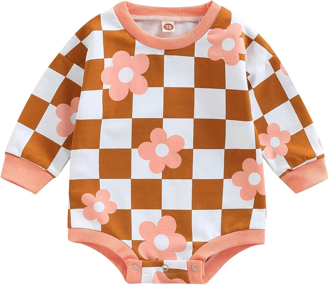 Newborn Baby Girl Boy Sweatshirt Romper Crewneck Oversized Long Sleeve Floral One Piece Outfits Fall | Amazon (US)
