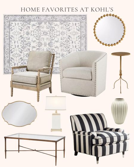 Home decor and furniture favorites at Kohl’s. Accent arm chair. Living room. 360 degree swivel accent chair. Black and cream striped club arm chair. Glass top coffee table. Brass look metal coffee table. Side table. Plant stand. Dream step area rug. Gold beads round wall mirror. Gold scalloped oval wall mirror. Cream and gold table lamp. Large round fluted vase. Table decor  

#LTKhome