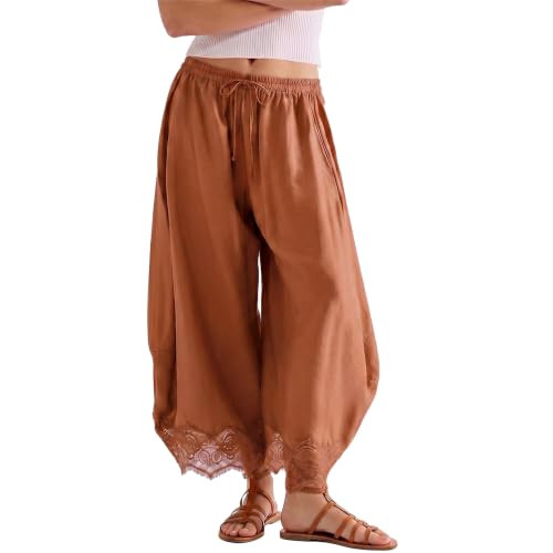 SeeLuNa Comfy Women's Pants Cropped Lace Hem Pants Summer Boho Drawstring High Rise Wide Leg Loun... | Amazon (US)