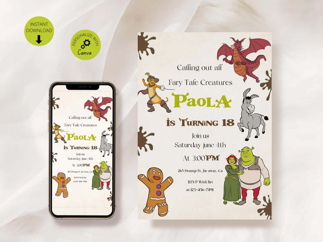 Editable Shrek Birthday Party Invitation Template, Printable Evite, Digital Mobile Birthday, Part... | Etsy (US)