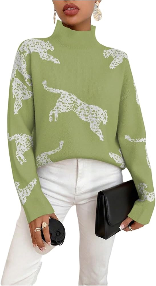 WDIRARA Women's Leopard Tiger Print Sweater High Neck Long Sleeve Fuzzy Knitted Pullover Top | Amazon (US)
