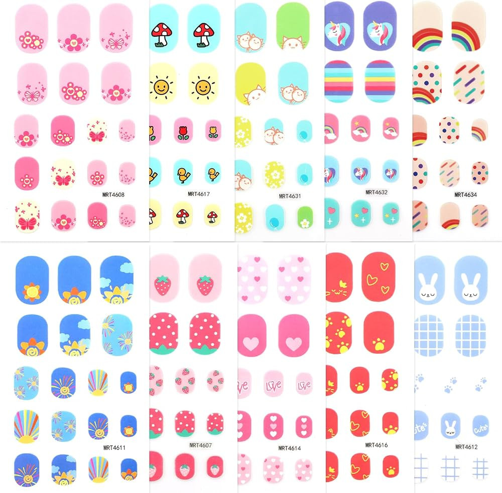 180 Pcs 10 Sheets Colorful Full Nail Stickers Wraps Cartoon Nail Art Stickers Cute DIY Self Adhes... | Amazon (US)