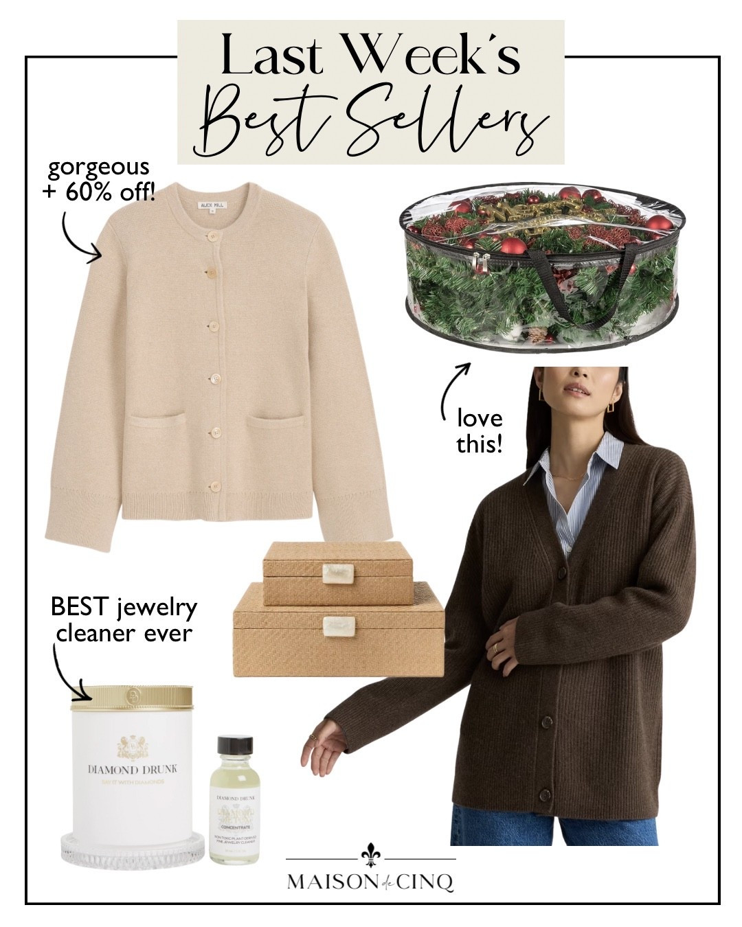 Last week’s best sellers include a designer sweater 60% off!, the cutest boxes from Studio McGee, the BEST jewelry cleaner and more!

Home decor, winter decor, cardigan, winter fashion, storage, winter outfit 



#LTKFindsUnder50 #LTKHome #LTKSeasonal