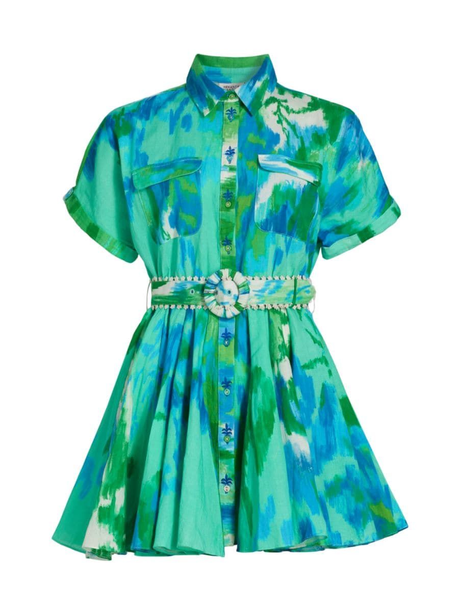 Abstract Linen & Cotton Belted Minidress | Saks Fifth Avenue