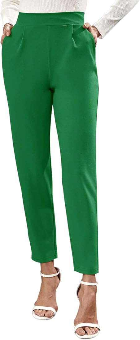 Women's Pull On Dress Pants Elastic Waist Tapered Pants Cropped Office Work Casual Pants | Amazon (US)