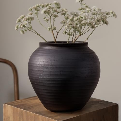 Matte Black Ceramic Vase, 6.7” Wabi-Sabi Ribbed Flower Vase, Handmade Pottery Vase for Pampas Grass, Rustic Farmhouse Table Centerpiece for Entryway, Shelf, Nightstand Decor | Amazon (US)
