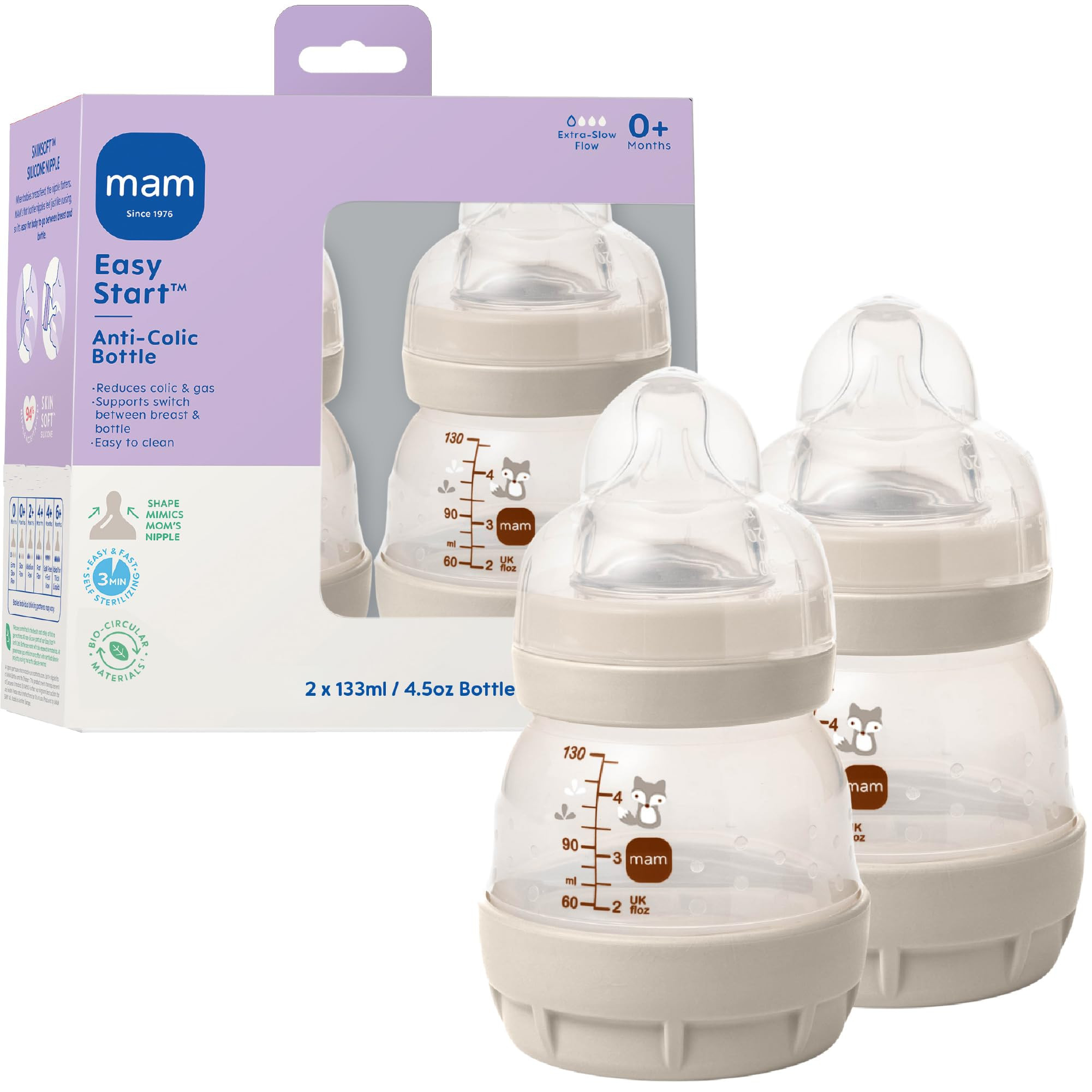 MAM 4.5oz Easy Start Anti-Colic Wide Neck Vented Baby Bottle, Extra Slow Flow Breastfeeding-Like Silicone Nipple, Reduces Colic, Gas & Reflux, Easy to Clean, BPA Free, 0+ Months, Made in Europe | Amazon (US)