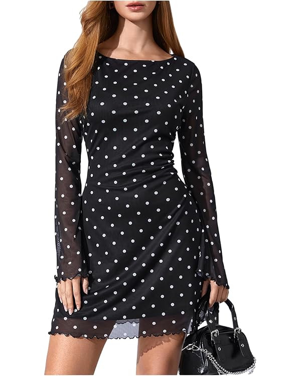 Milumia Women's Polka Dots Long Bell Sleeve Mesh Mini Dress Y2K Party Club A Line Short Dresses | Amazon (US)