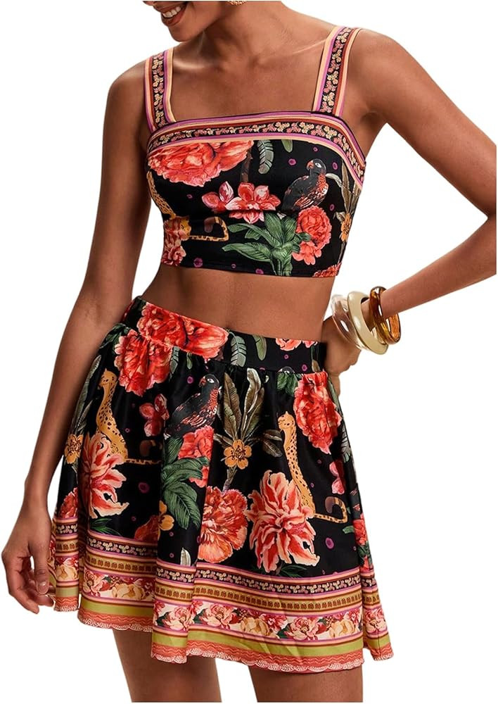 Floerns Women's Two Piece Outfit Tropical Crop Cami Top and Summer Skirts Set | Amazon (US)