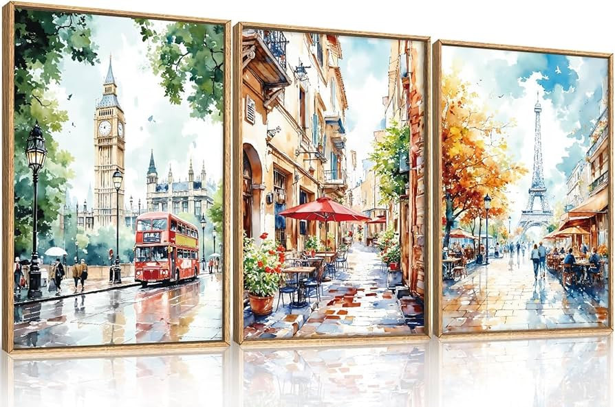 Watercolor European Cityscape Framed Canvas Wall Art Set,London Big Ben & Paris Eiffel Tower Stre... | Amazon (US)