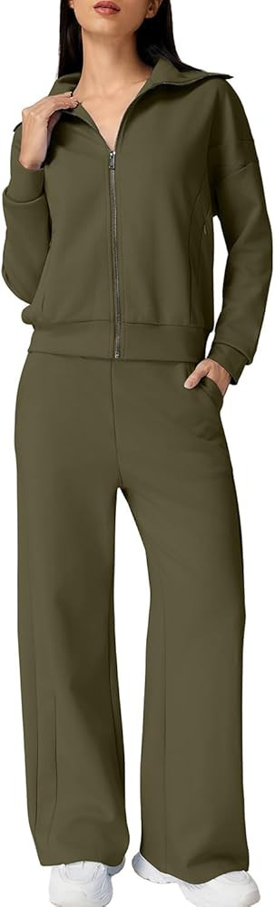 QINSEN Women's Cotton 2 Piece Outfits Lapel Long Sleeve Zip Up Sweatshirt Wide Leg Pants Matching... | Amazon (US)