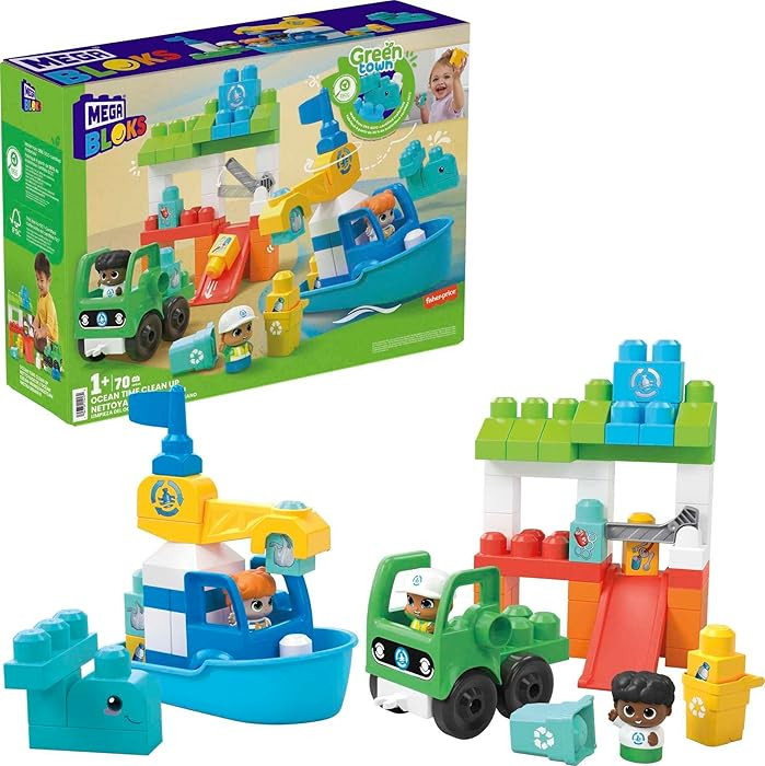 MEGA BLOKS Fisher-Price Toddler Building Blocks Toy Set, Green Town Ocean Time Clean Up with 70 P... | Amazon (US)