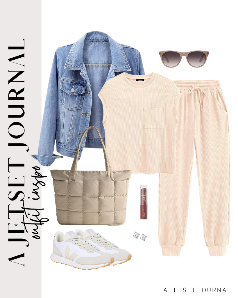 Let’s start with an apricot two-piece lounge set topped with a denim jacket. Perfect travel attire or a business casual outfit. It matches the vibe of Veja Rio Blanco II sneakers and the BAGSMART expandable tote bag. 

 #LTKOver40 #LTKSaleAlert #LTKTravel