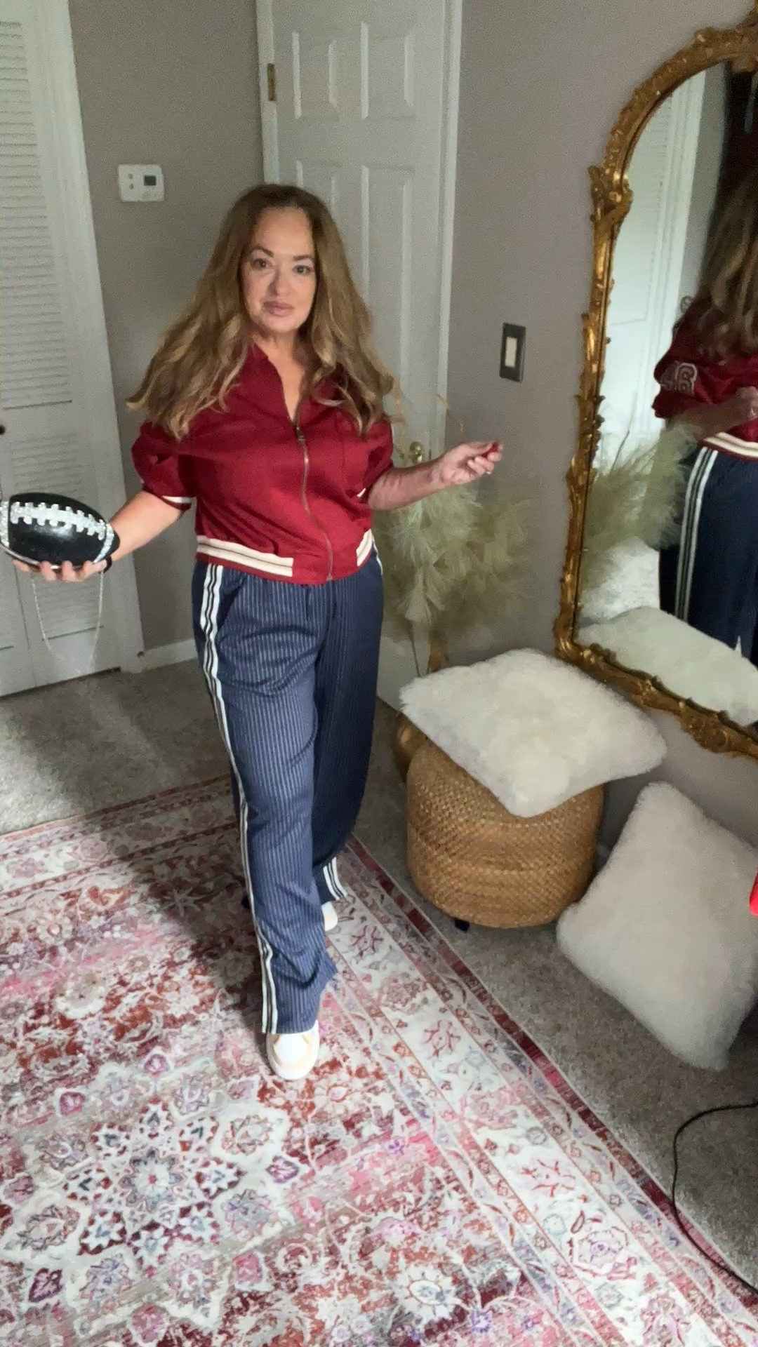 Athletic stripes on pin stripes is a huge trend even on denim for Fall!

I love the Varsity jacket is perfect for back to school and Football season..

This crystal Football purse is jyst🎶🎶🎶🎶🎶🤗🎉

#LTKSeasonal #LTKfitnessgoals #LTKootd