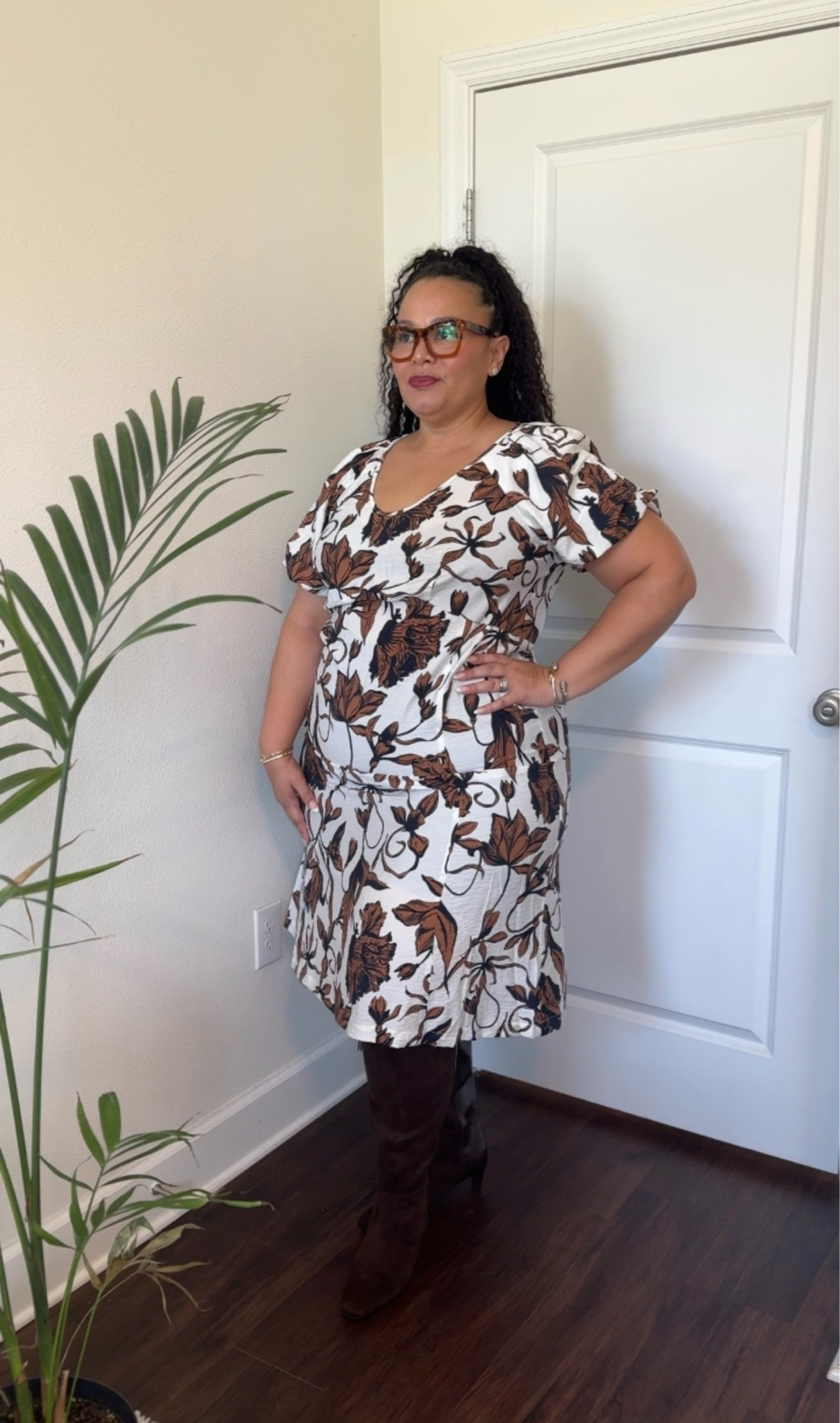 Easy fall outfit idea featuring a floral puff-sleeve midi dress and brown knee-high boots from @Walmart.

#WalmartStyle #FallOutfit #PlusSizeFashion #FallStyle 

 #LTKU #LTKOver40 #LTKPlusSize