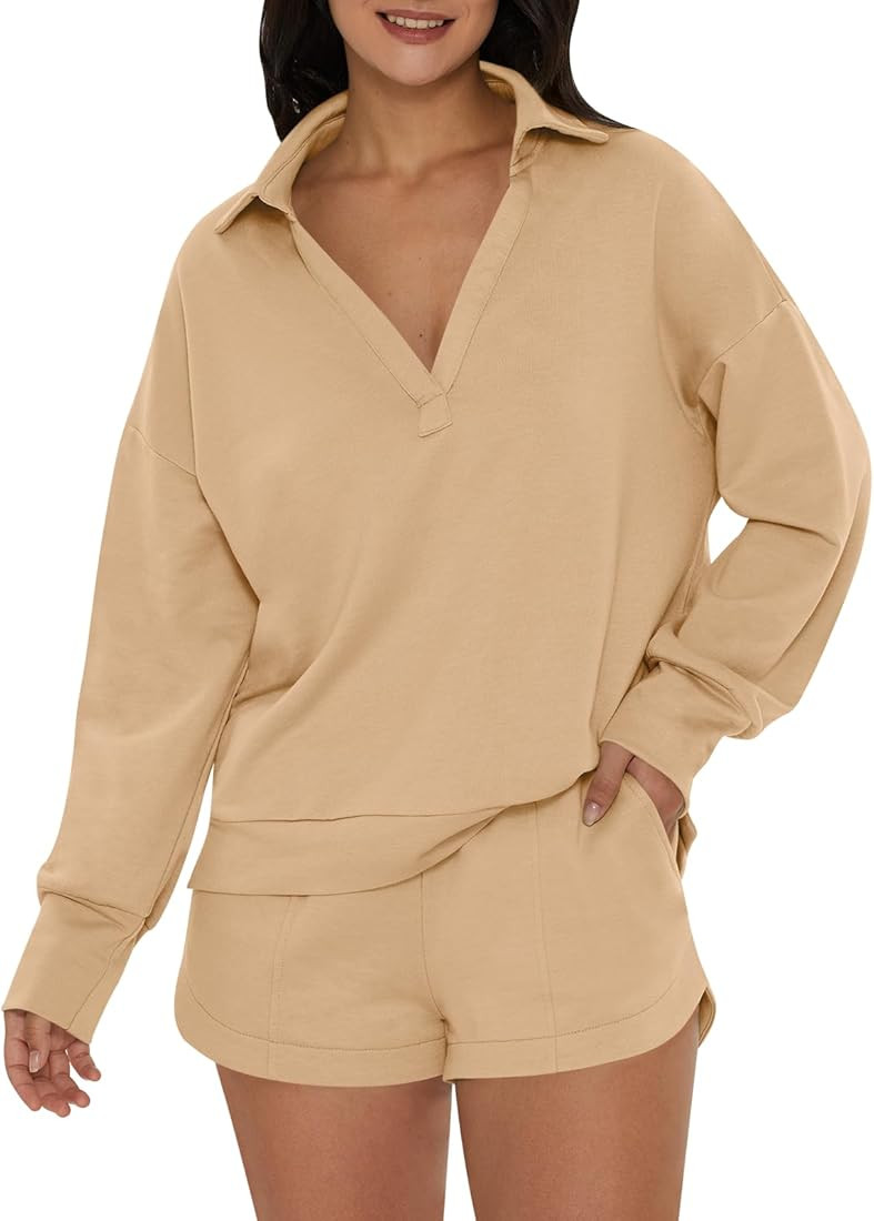 DEEP SELF Women 2 Piece Outfits Sweatshirt Long Sleeve V Neck Collared Pullover Top Shorts Tracks... | Amazon (US)