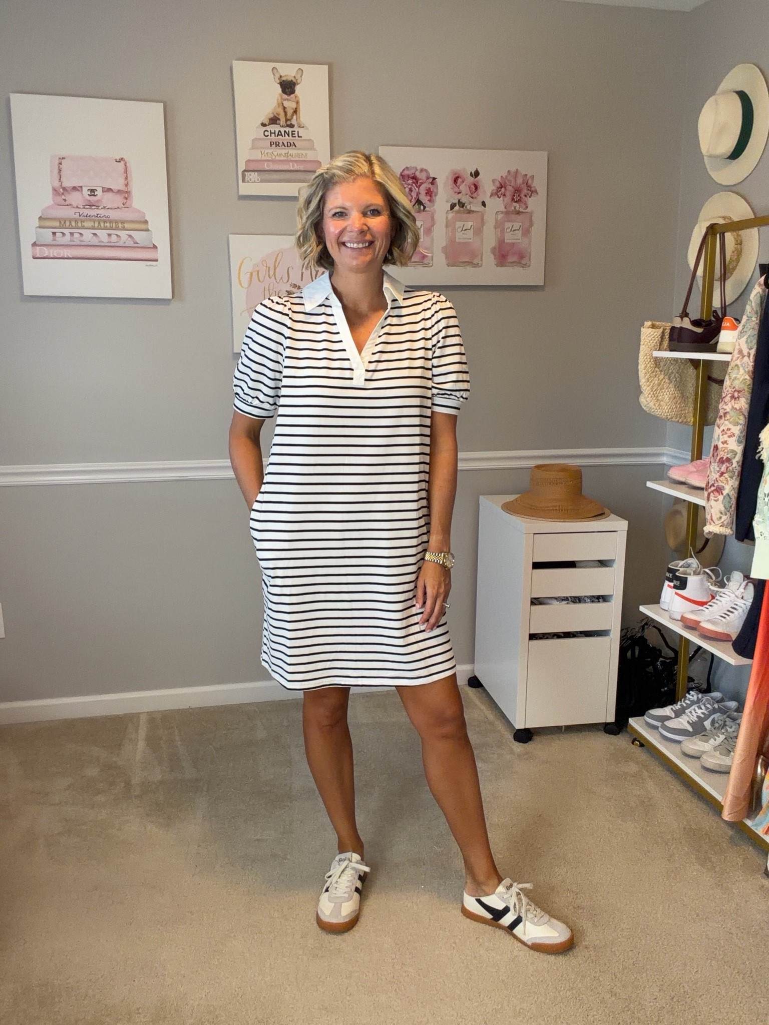Collar and sleeves tshirt dress with pockets TTS
Slip on black and white sneakers TtS

#LTKTravel #LTKWorkwear #LTKOver40