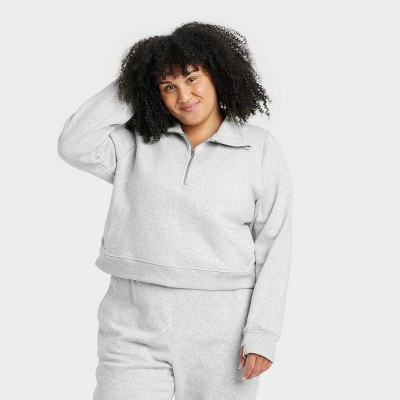 Women's Fleece Half Zip Pullover Sweatshirt - All In Motion™ Heathered Gray 1X: Relaxed Fit, Seam Pocket | Target