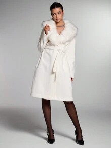 SHEIN BAE Women Solid Color Fluffy Patchwork Front Button Overcoat, Elegant Long Sleeve For Autum... | SHEIN