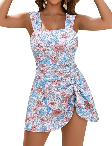 Blooming Jelly Womens One 1 Piece Swimsuits Tummy Control Square Neck Swim Dress Skirt Slimming Push Up Bathing Suits (M, Orange Floral) | Amazon (US)
