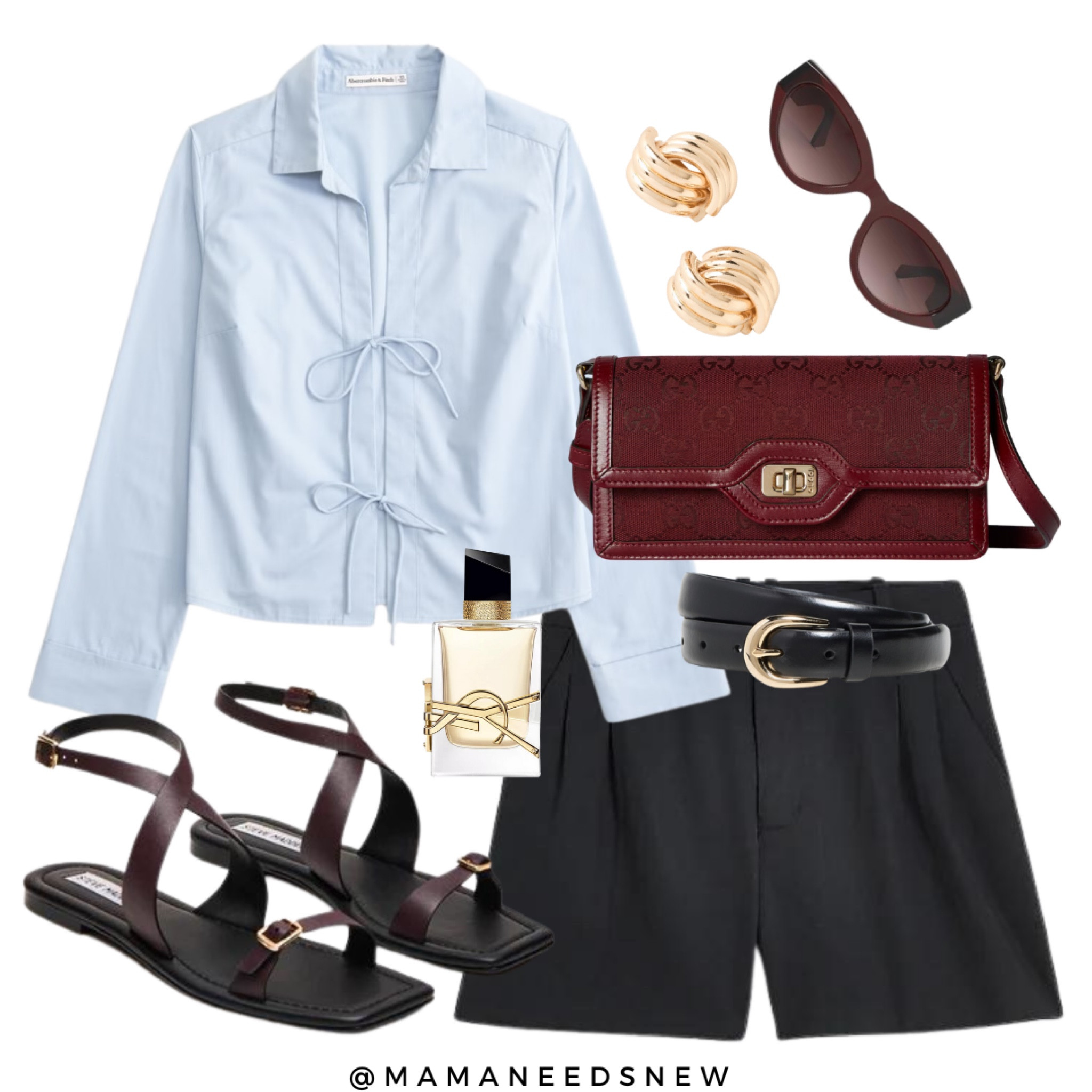 Tie front shirt with  twill shorts & burgundy/gold accessories 

#LTKItBag #LTKSeasonal #LTKSaleAlert