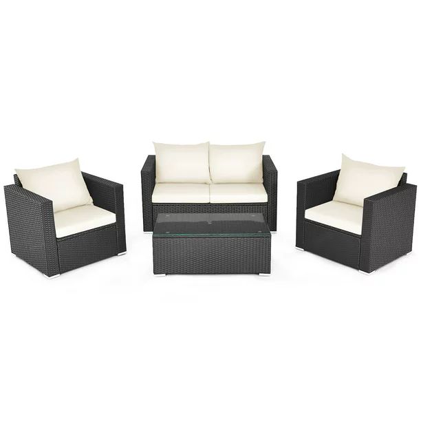 Costway 4 Pieces Patio Rattan Furniture Set Cushioned Sofa Chair Coffee Table Off White - Walmart... | Walmart (US)