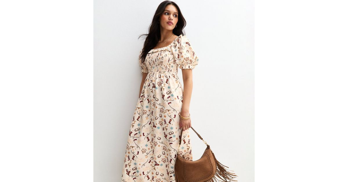 Cream Cowgirl Print Shirred Midi Dress | New Look | New Look (UK)