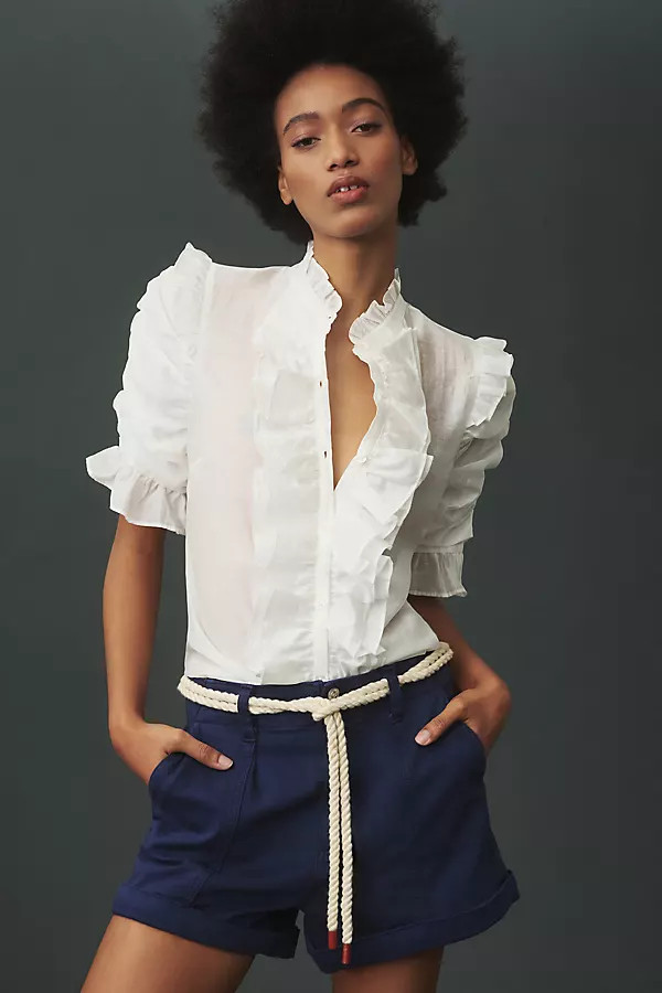 Sunday in Brooklyn Short-Sleeve Ruffle-Front Buttondown Shirt | Anthropologie (US)