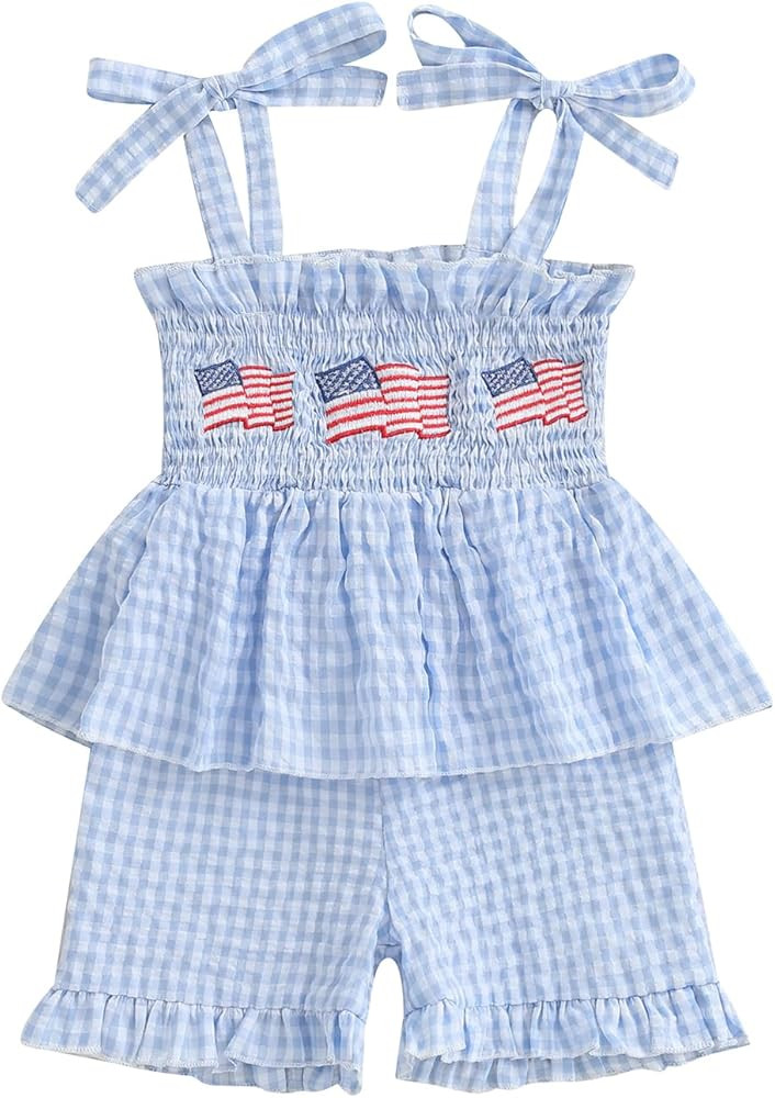 4th Fourth Of July Toddler Girl Outfit American Flag Romper Sleeveless One Piece Jumpsuit Smocked... | Amazon (US)