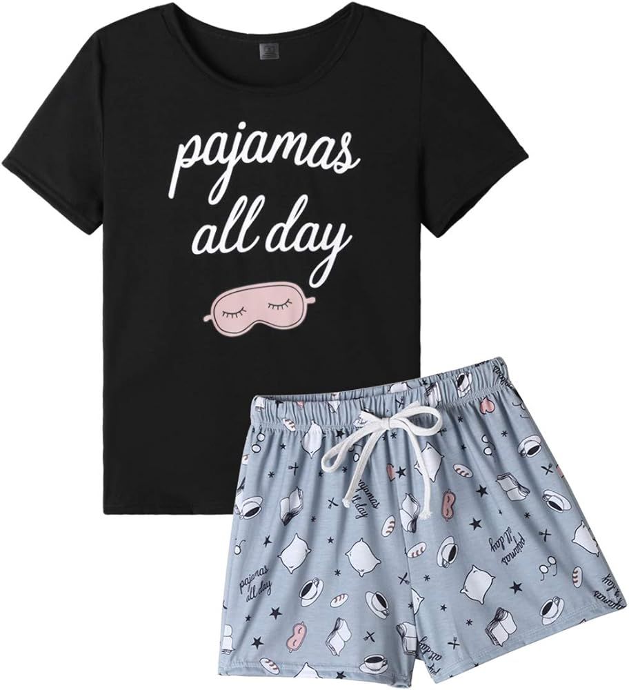 VENTELAN Pajama Set for Women Cute PJS Summer Short Sleeve Shorts Sleepwear | Amazon (US)