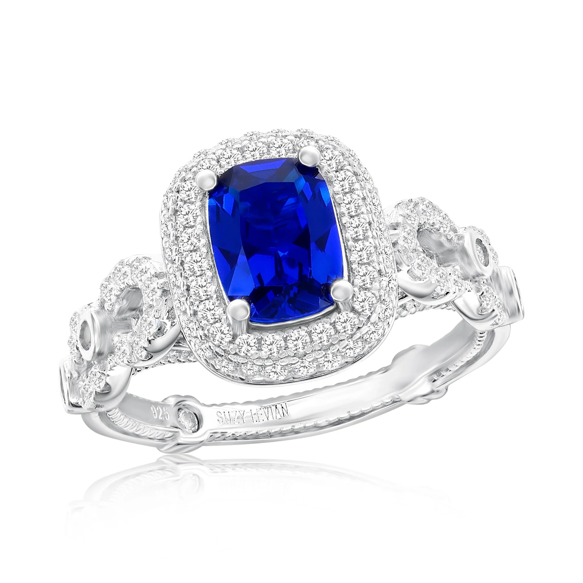 Suzy Levian White Sterling Silver Blue and White Cubic Zirconia Pave H | SUZY LEVIAN