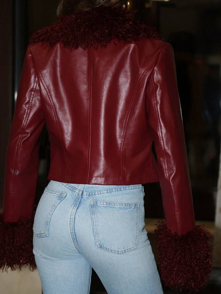 Aloruh Black Fluffy Collar Metal Buckle Detail Cropped Biker Jacket, Party & Outdoor Wear | SHEIN