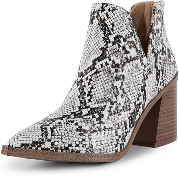 FISACE Womens Pointed Toe Stacked Mid Heel Ankle Boots V Cut Back Zipper Faux Leather Booties | Amazon (US)