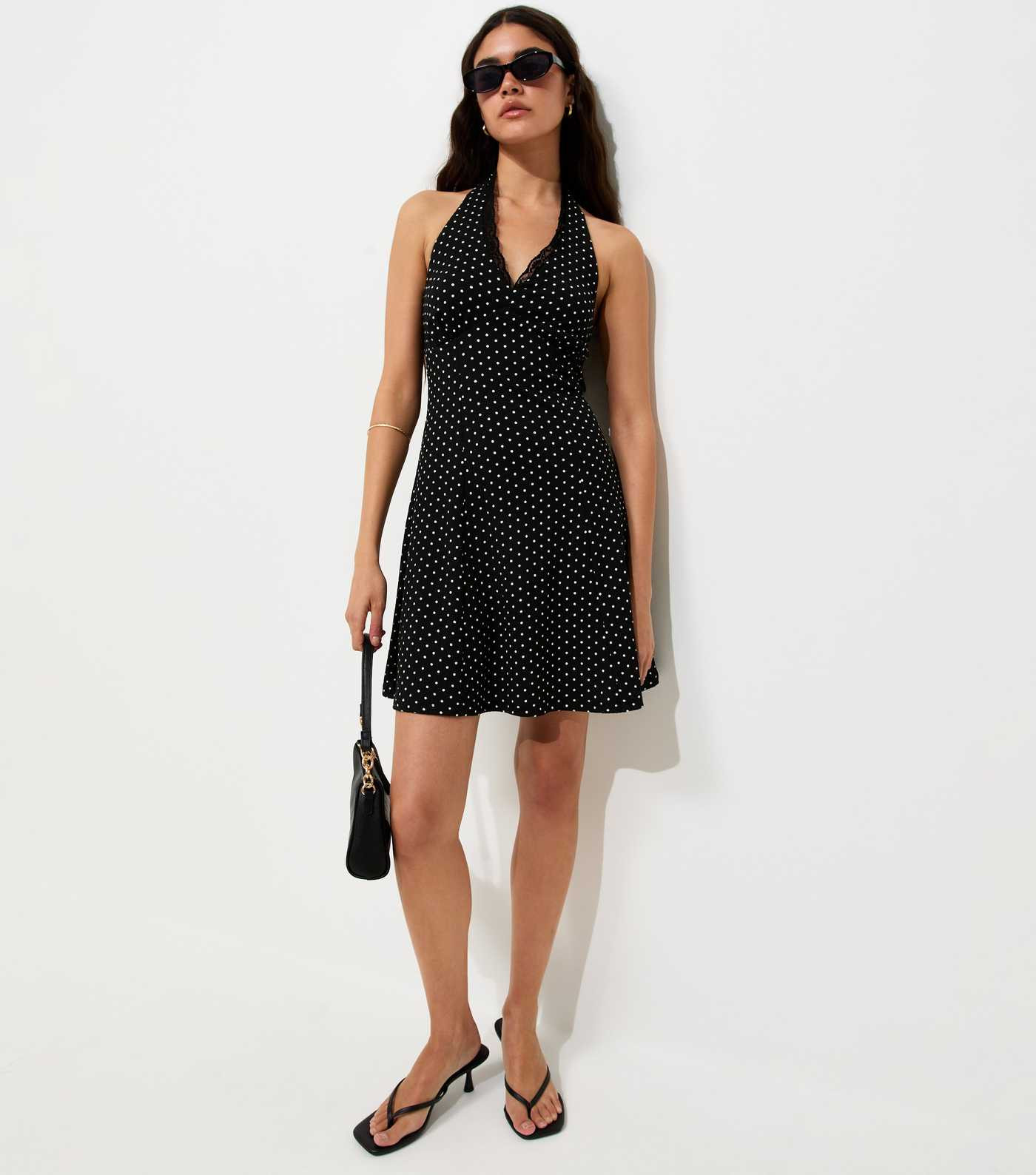 Black Crinkle Texture Spot Print Halter V-Neck Lace Trim Mini Dress | New Look | New Look (UK)