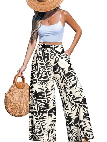 CUPSHE Women Pants Tropical Floral Wide Leg Pants Coverup Fit Casual Dressy Black L | Amazon (US)