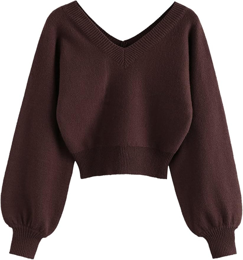 ZAFUL Women's Cropped Sweater V-Neck Long Sleeve Crop Sweater Pullover Jumper Knit Top | Amazon (US)