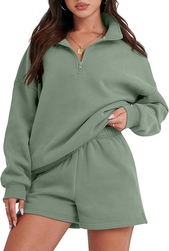 Prinbara Women 2 Piece Outfits Sweatsuit Oversized Half Zip Collared Sweatshirt Short Set Lounge ... | Amazon (US)