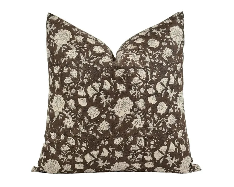 JORAH Designer Dark Brown Floral Linen Pillow Cover, Block Print Pillow, Brown Floral Pillow, Bro... | Etsy (US)