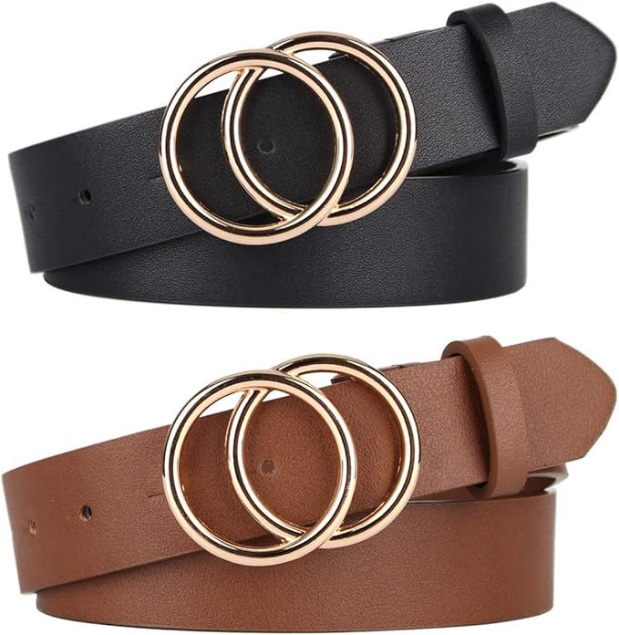 Pack 2 Women Belts for Jeans with Fashion Double O-Ring Buckle and Faux Leather | Amazon (US)